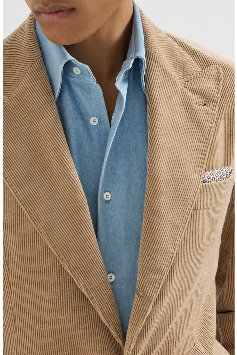 Comfort cotton and cashmere corduroy deconstructed blazer with large peak lapels and metal buttons, Alternate, color, Camel