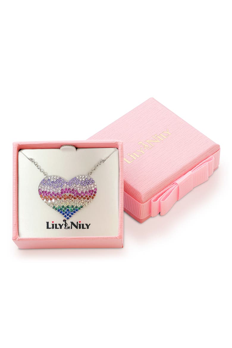 Kids' Rainbow Cubic Zirconia Heart Pendant Necklace, Alternate, color, MULTI SILVER