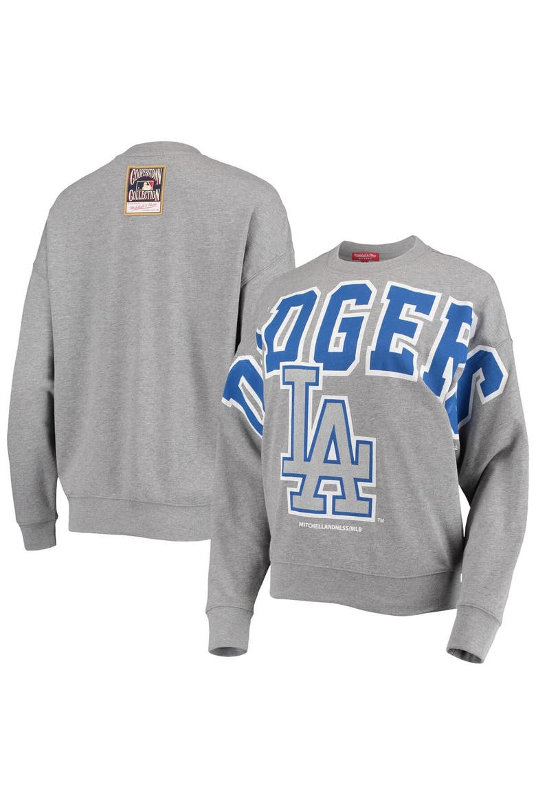 Women's Mitchell & Ness Heathered Gray Los Angeles Dodgers Cooperstown Collection Logo Lightweight Pullover Sweatshirt, Main, color, Heather Gray