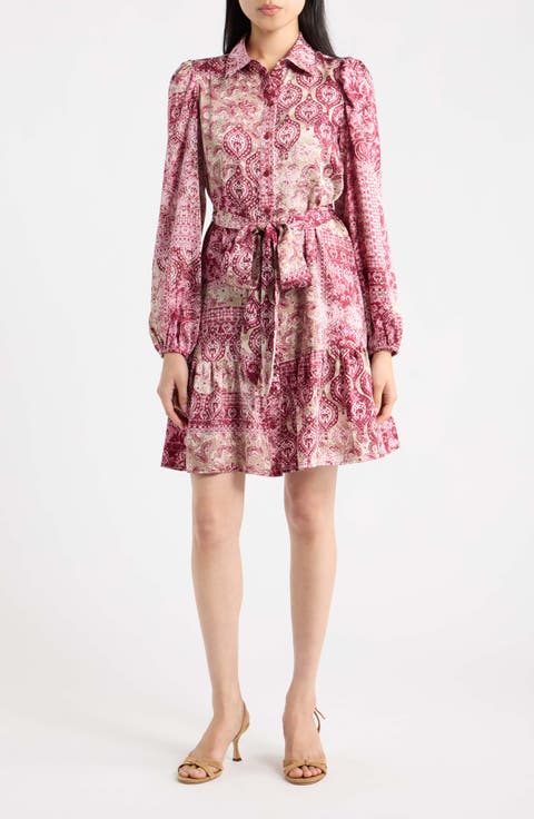 Print Tie Waist Long Sleeve Tiered Shirtdress