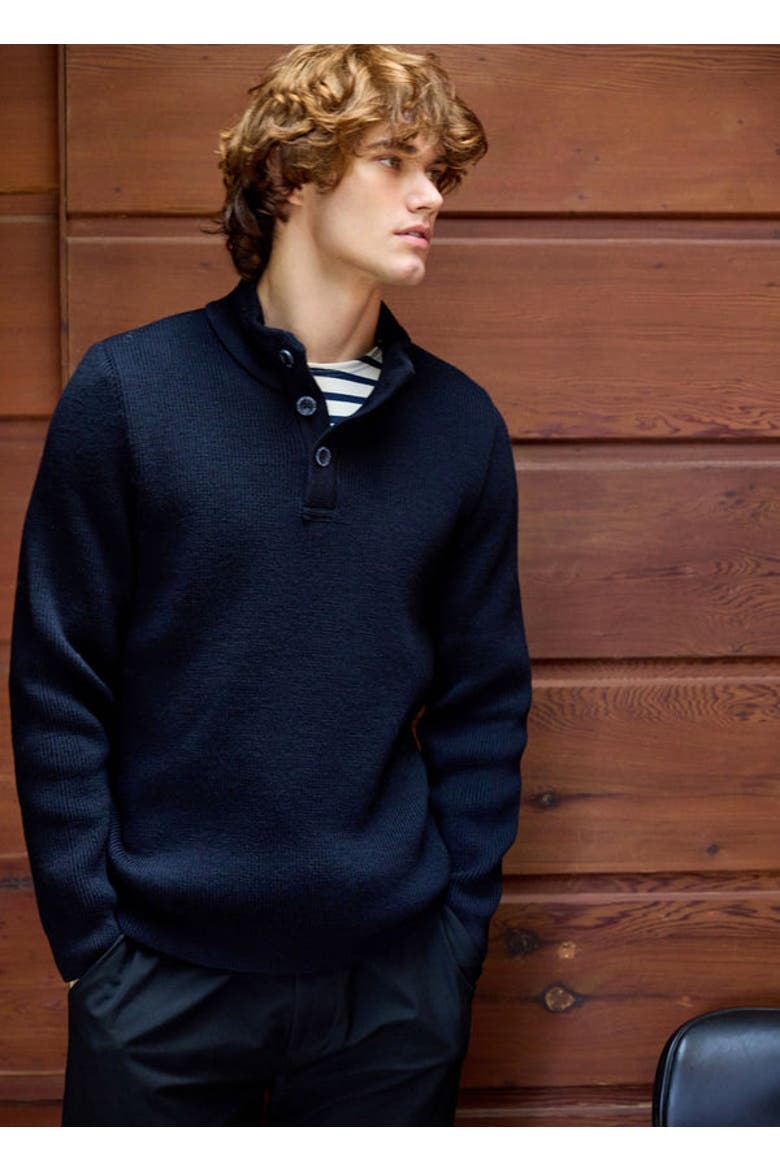 BOURBOULE - Buttoned High Collar Sweater, Main, color, NAVY