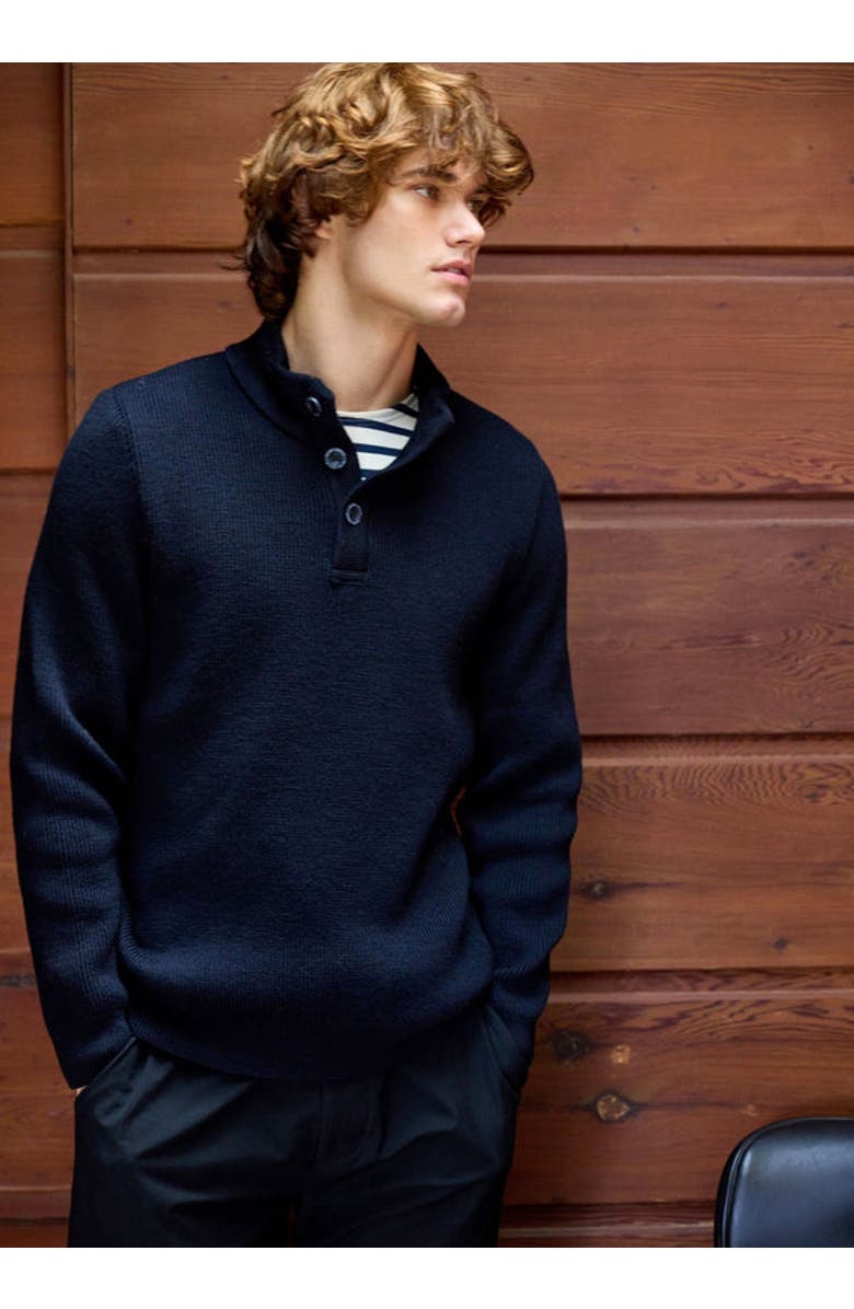 Saint James BOURBOULE - Buttoned High Collar Sweater, Main, color, Navy