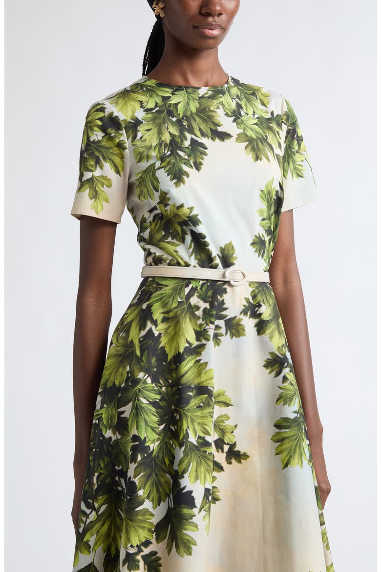 Maple Leaves Cotton Stretch Poplin Midi Dress, Alternate, color, GREEN MULTI