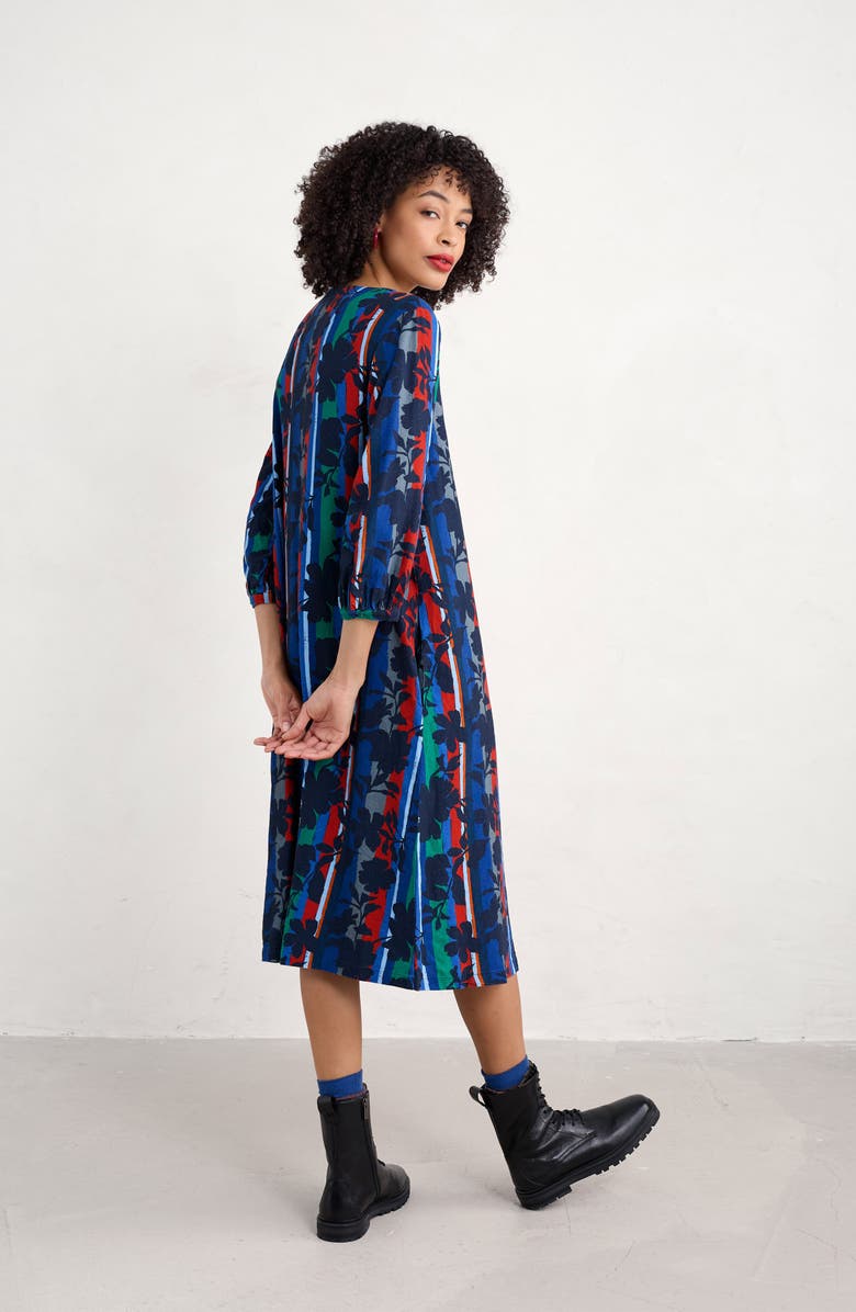 Seasalt Cornwall Sea Call Floral Stripe Linen Blend Midi Dress, Alternate, color, Camellia Stripe Ink