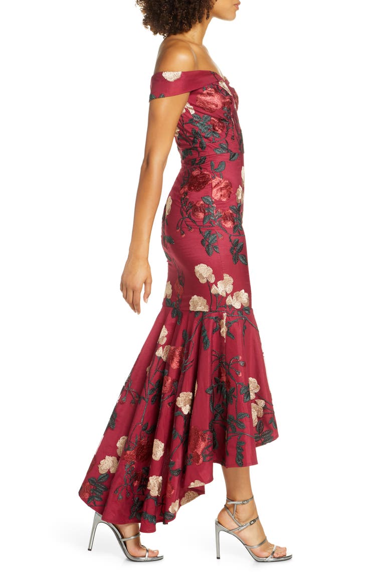 Osia Floral Embroidered Off the Shoulder Mermaid Dress, Alternate, color, BURGUNDY
