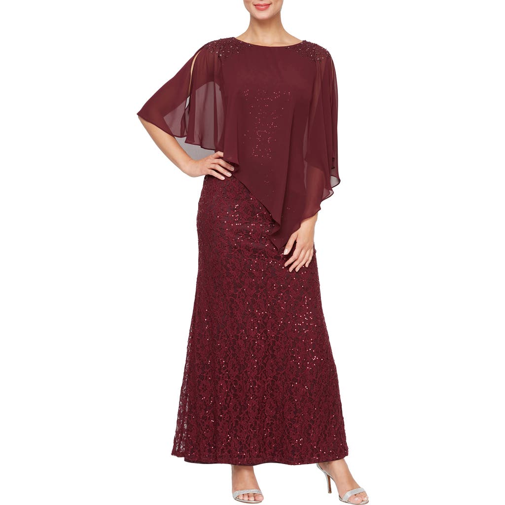 Sl Fashions Petite Chiffon-cape Sequinned Evening Gown In Burgundy