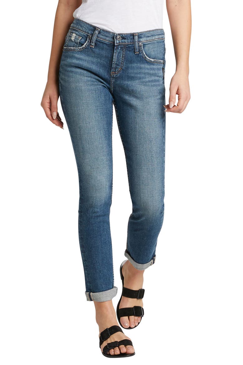 Beau Distressed Cuff Girlfriend Fit Jeans, Main, color, INDIGO