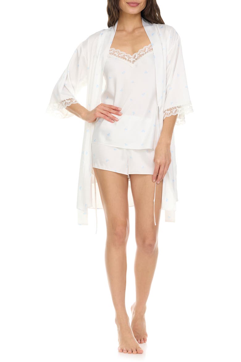Sabrina Bow Print Satin Short Pajamas & Robe Set, Main, color, IVORY