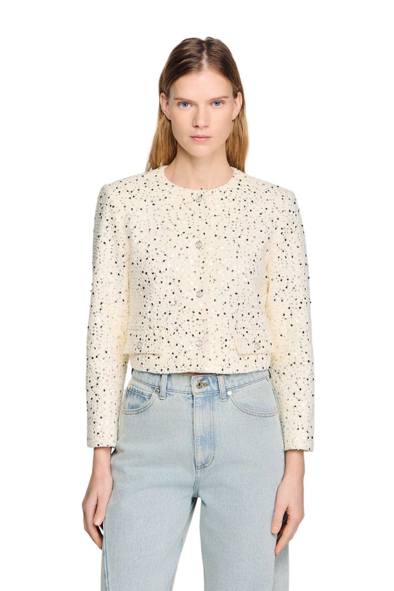 Cropped sequinned cotton jacket, Alternate, color, Ecru