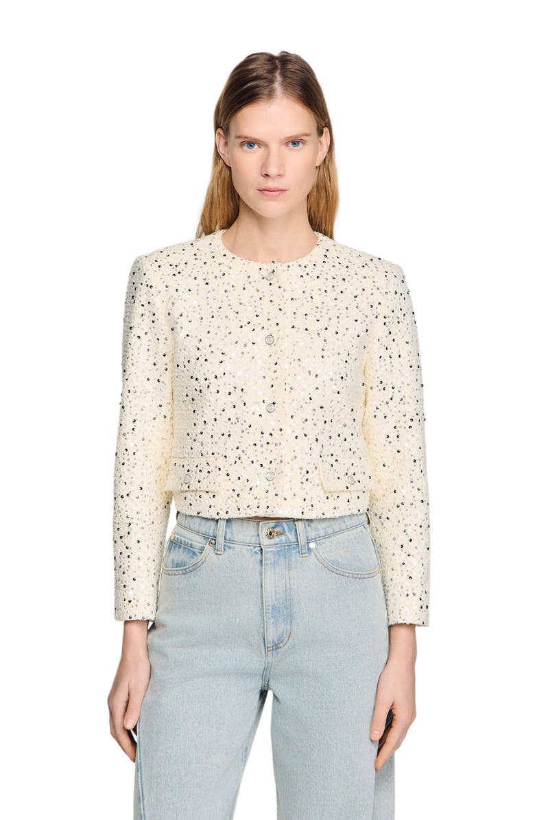 SANDRO Cropped sequinned cotton jacket, Alternate, color, Ecru