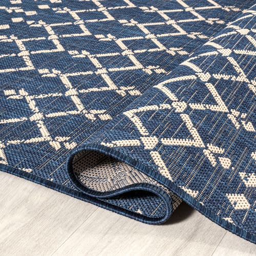 Jonathan Y Ourika Moroccan Geometric Textured Weave Indoor/outdoor Round Area Rug In Navy/beige