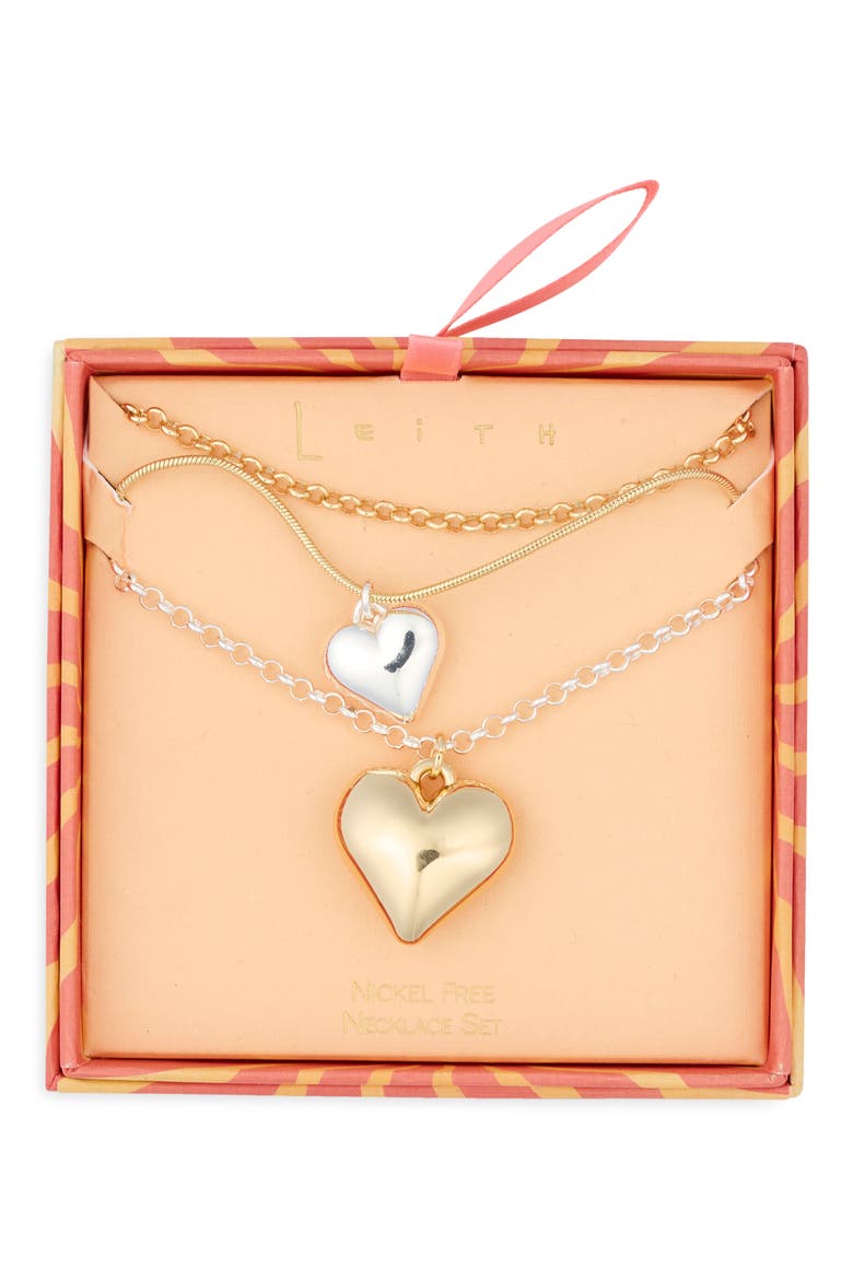 Set of 2 Heart Pendant Layered Necklaces, Main, color, GOLD- SILVER