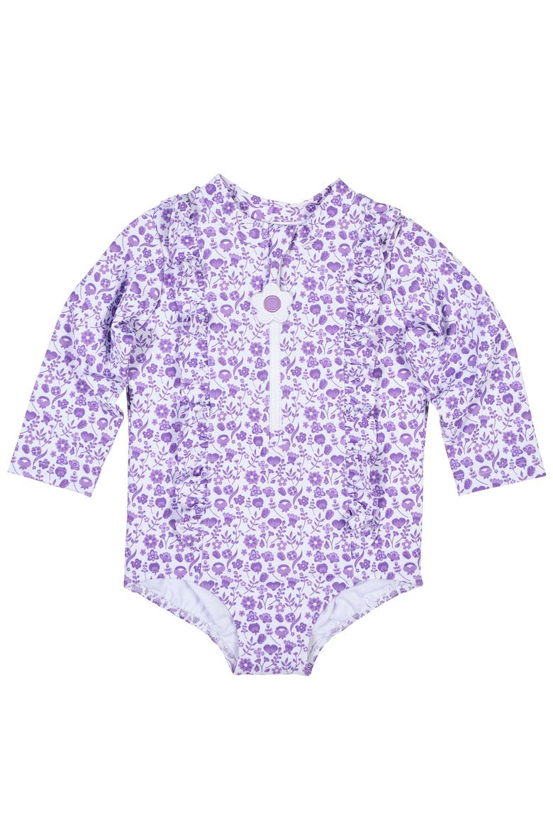 Floral Print One Piece Rashguard with Ruffles, Main, color, Purple/White