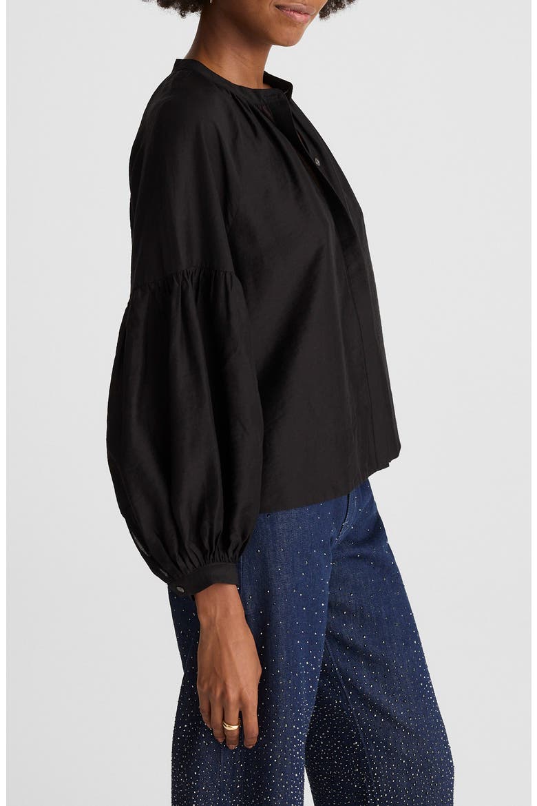 Shirred Balloon Sleeve Button-Up Top, Alternate, color, JET BLACK