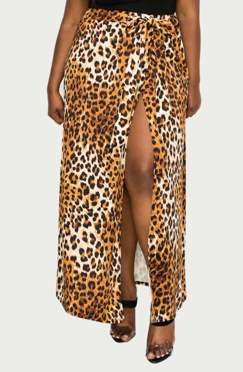 Leopard Tie Front High Waist Faux Wrap Maxi Skirt (Plus)
