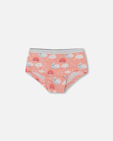 Girl's Printed Organic Cotton Boyshort Panty Rainbow On Light Coral