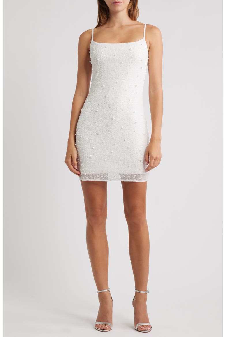 Faux Pearl Embellished Club Minidress, Main, color, WHITE