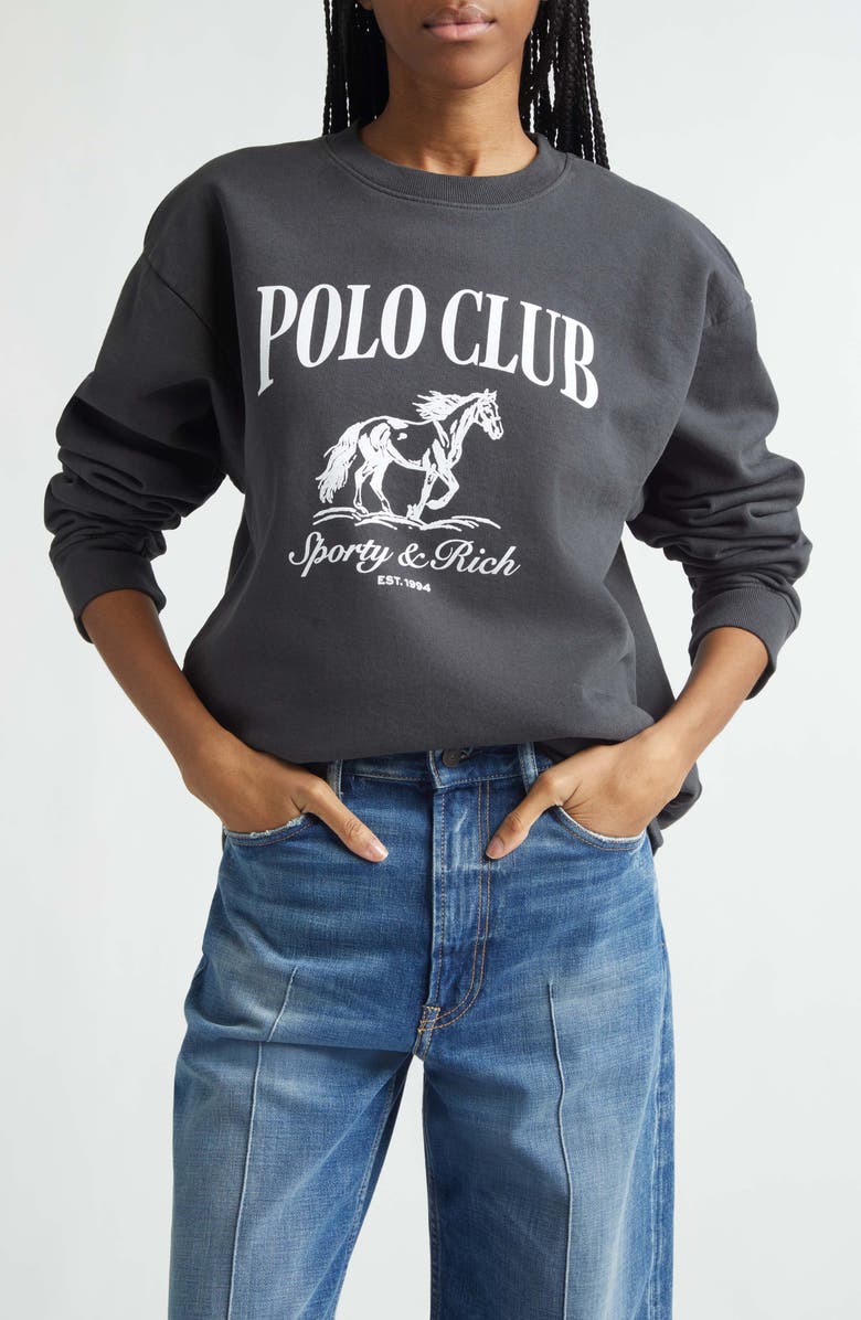 Sporty & Rich Stallion Crewneck Cotton Graphic Sweatshirt, Main, color, Faded Black