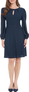 London Times Eyelet Long Sleeve Dress