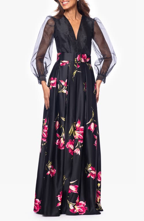 BETSY & ADAM BETSY & ADAM FLORAL MIXED MEDIA LONG SLEEVE A-LINE GOWN 