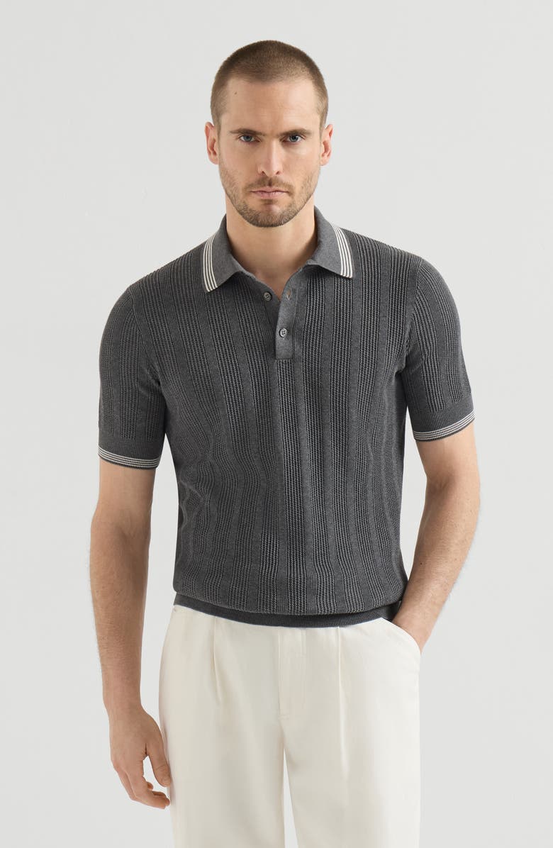 Brunello Cucinelli Cotton textured rib knit polo, Alternate, color, Anthracite