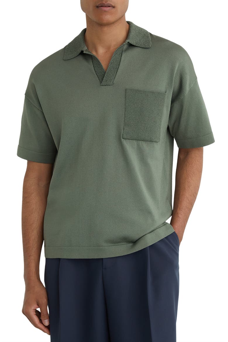 Warton Oversize Johnny Collar Pocket Polo, Main, color, STEEL GREEN