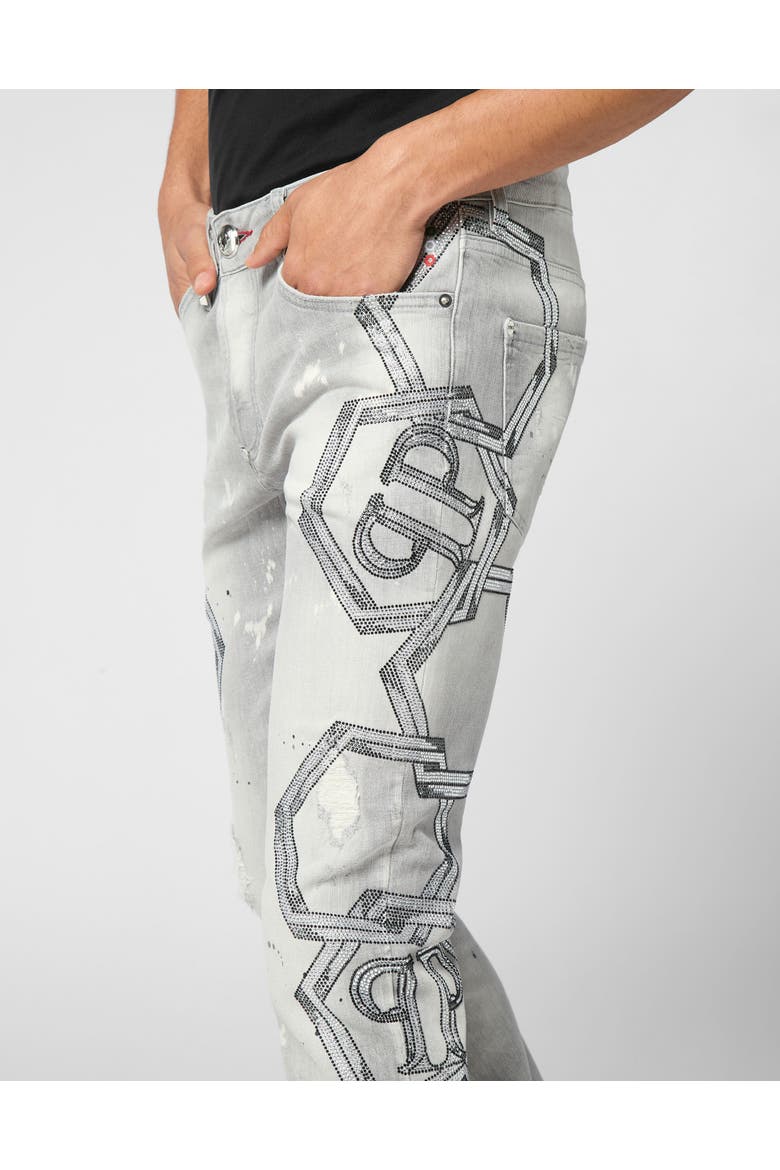 Denim Super Straight Cut Trousers Strass Chains Men, Alternate, color, ConcreteGrey