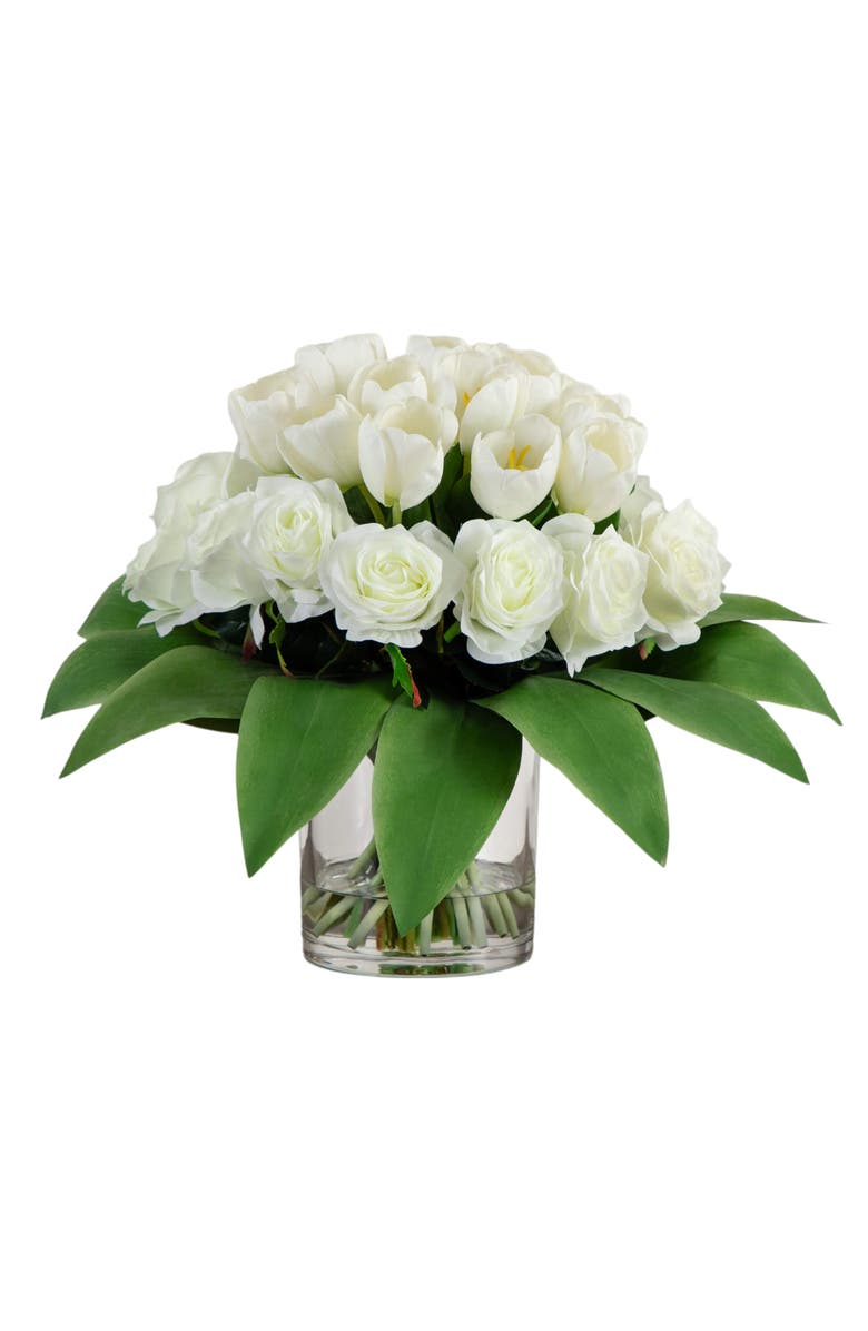 NEARLY NATURAL Wedding Collection 20-in Artificial Roses and Tulips Arrangement in Glass Vase, Main, color, Green/White