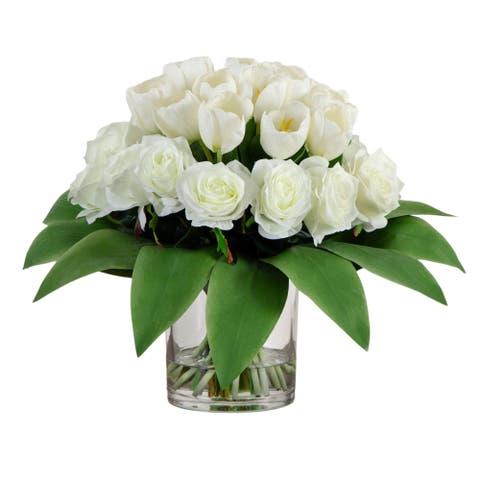 Wedding Collection 20-in Artificial Roses and Tulips Arrangement in Glass Vase