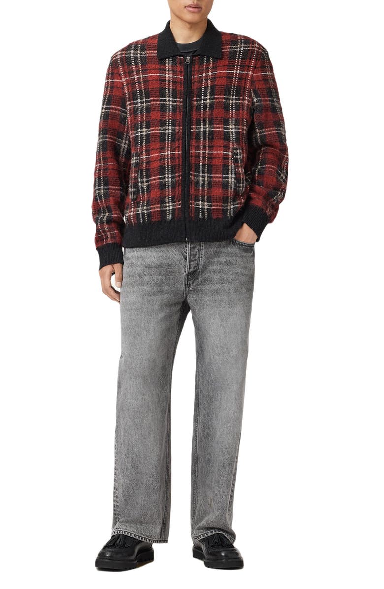 AllSaints Nettle Plaid Zip Cardigan, Alternate, color, Red