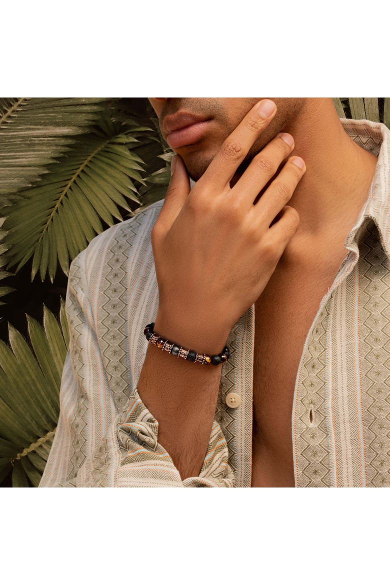 Men's Tiger’s Eye Lava Stone Multi Charm Beaded Bracelet - Streak of Luck, Alternate, color, Black/brown/bronze