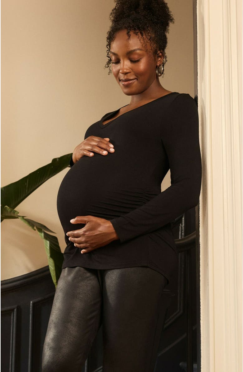 MOTHERHOOD MATERNITY V-Neck Side-Ruched Maternity Long Sleeve Tee, Alternate, color, Black
