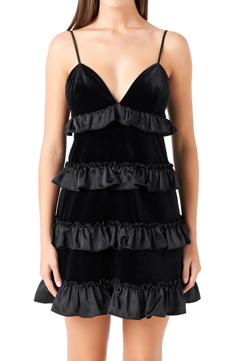 Endless Rose Tiered Ruffle Velvet Minidress, Alternate, color, Black