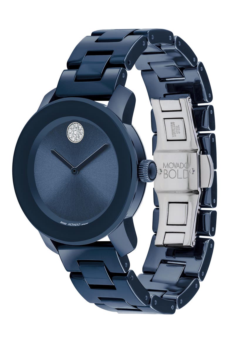 Bold Iconic Crystal Embellished Ceramic Bracelet Watch, 36mm, Alternate, color, BLUE DIAL