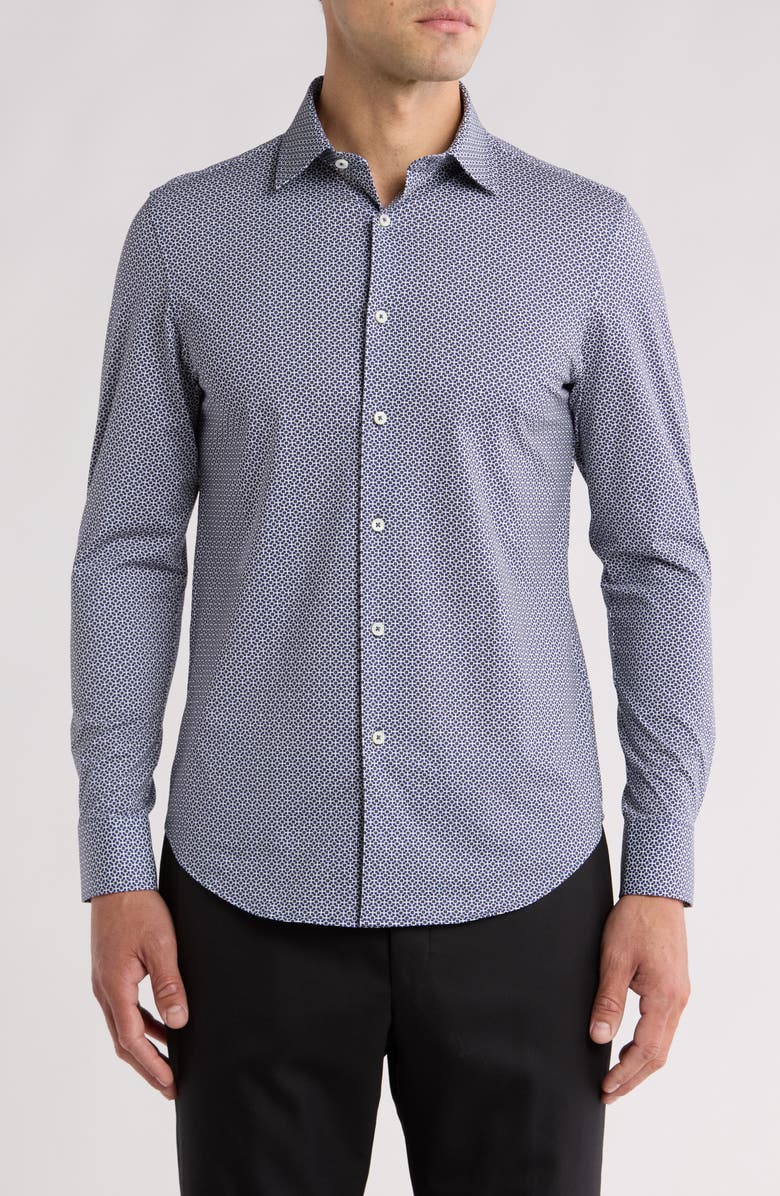 Bugatchi Trim Fit Geo Print Stretch Cotton Button-Up Shirt, Main, color,