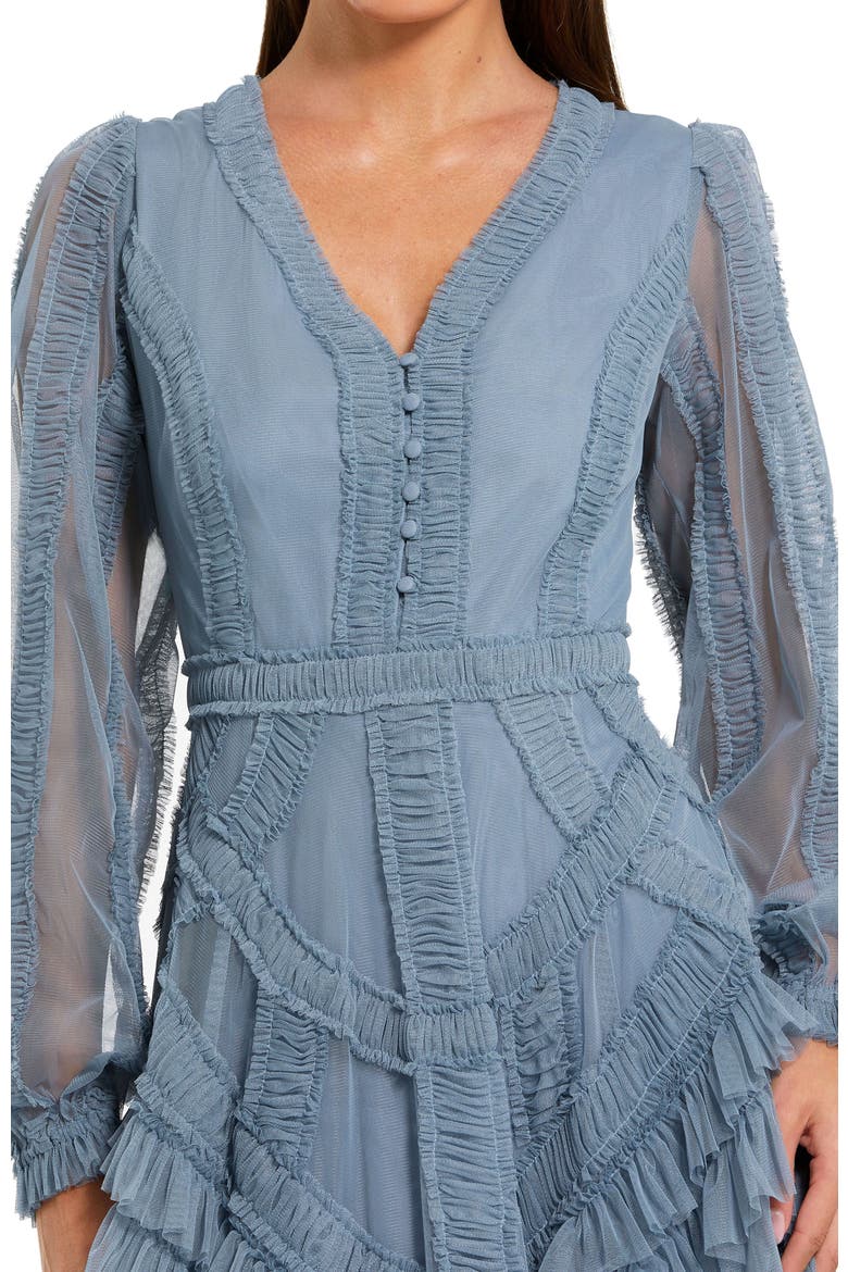 Long Sleeve V Neck Mesh Micro Ruffle Midi Dress, Alternate, color, Slate Blue