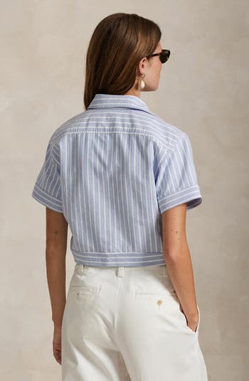 Tie Front Oxford Short Sleeve Button-Up Shirt