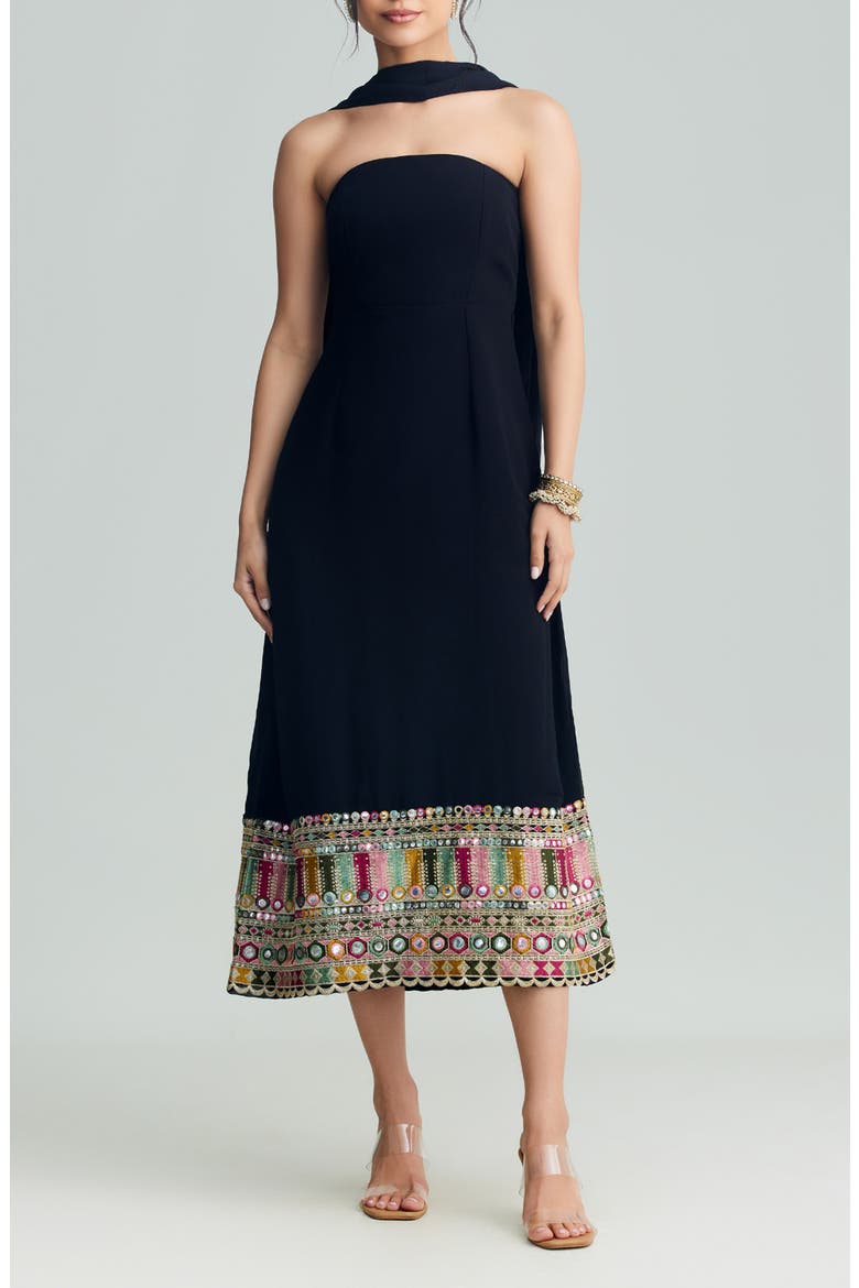 Sierra Strapless Midi Dress, Alternate, color, BLACK