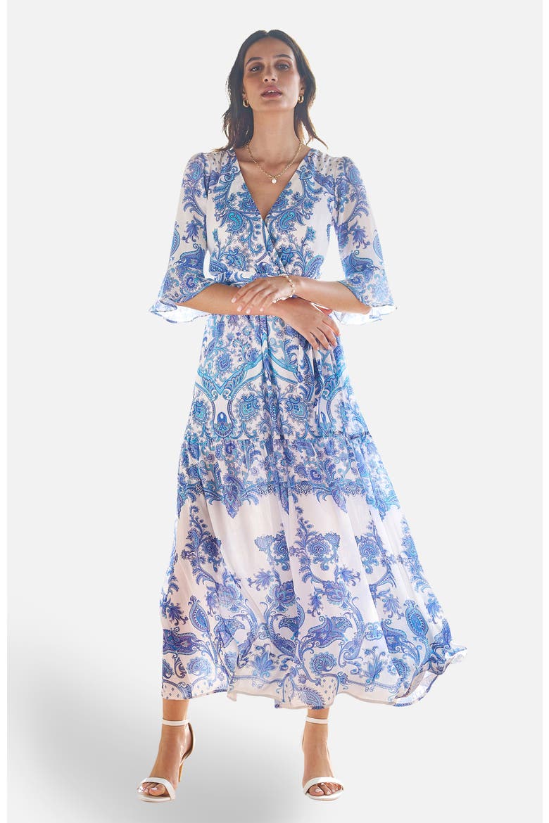 3/4 Sleeves Paisley Wrap Midi Dress, Main, color, Blue