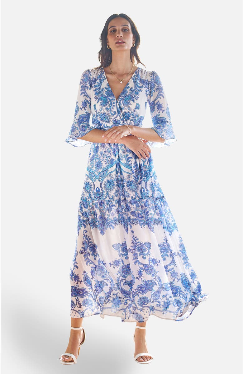 Yumi 3/4 Sleeves Paisley Wrap Midi Dress, Main, color, Blue