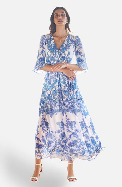 3/4 Sleeves Paisley Wrap Midi Dress