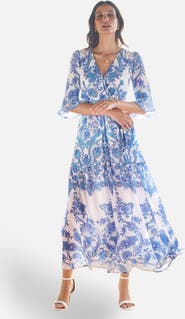 Yumi 3/4 Sleeves Paisley Wrap Midi Dress