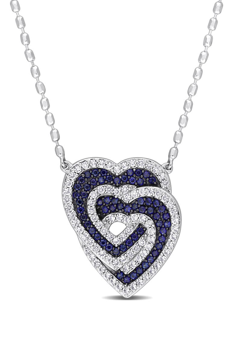 DELMAR Sterling Silver Lab Created White & Blue Sapphire Heart Pendant Necklace, Main, color, 