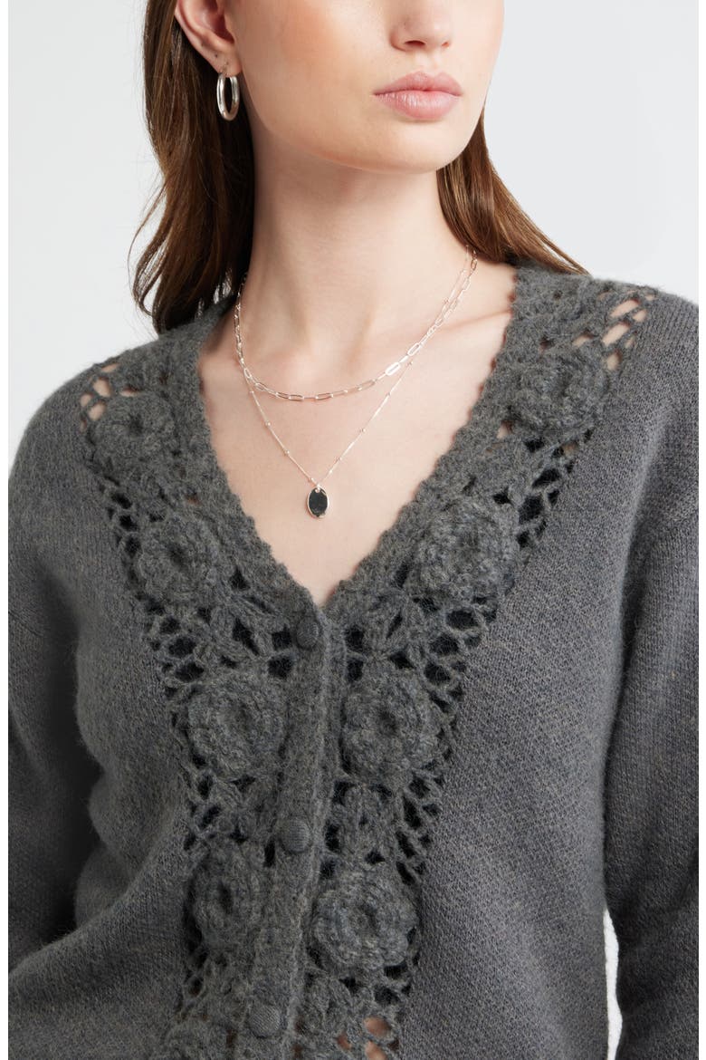 Floral Trim Cardigan, Alternate, color, GREY MED CHAR HTHR