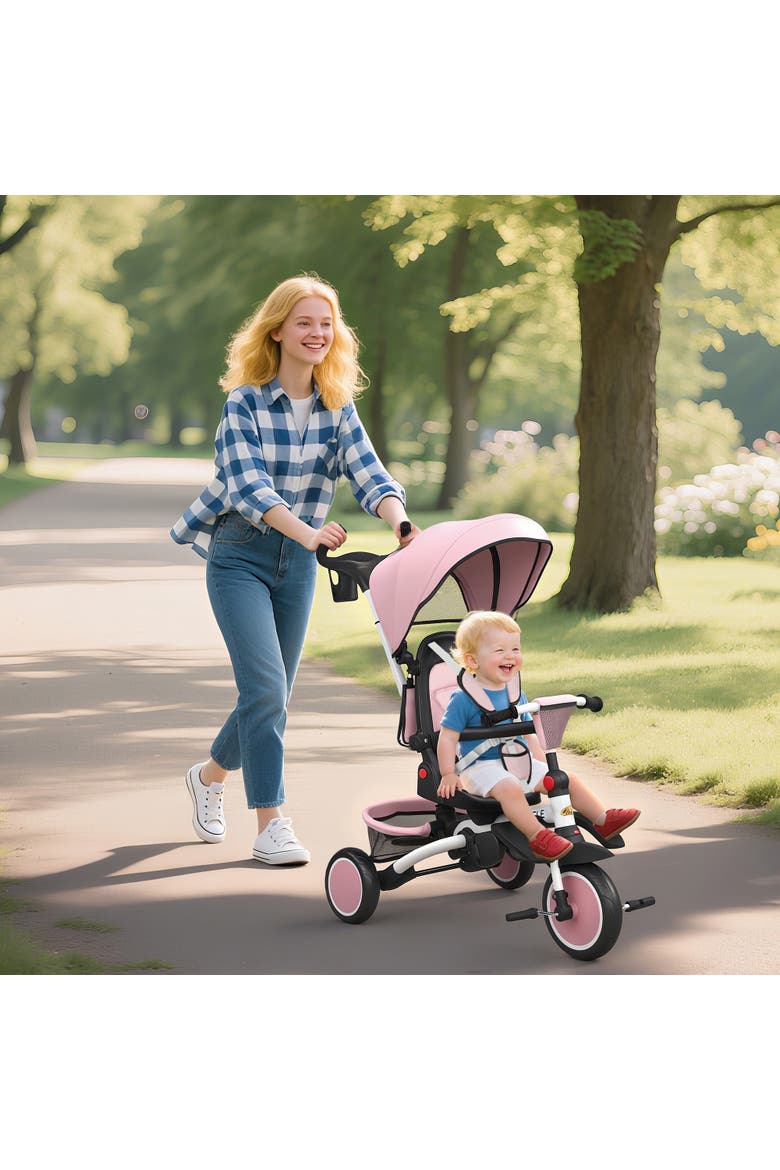 Kids Tricycle with Adjustable Push Handle and Removable Canopy, Alternate, color, Pink