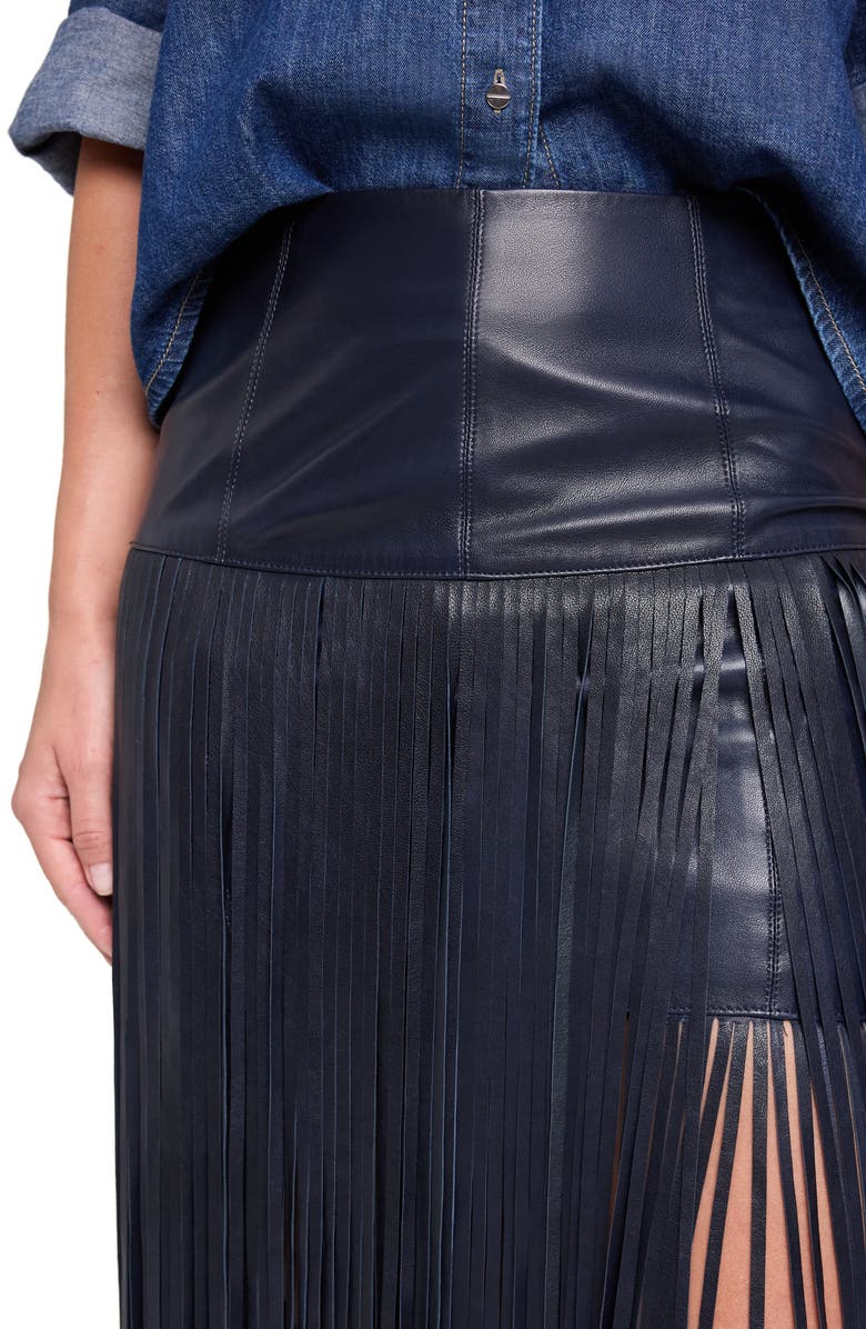 TWP Tangled Up Genuine Leather Fringe Skirt, Alternate, color, Midnight