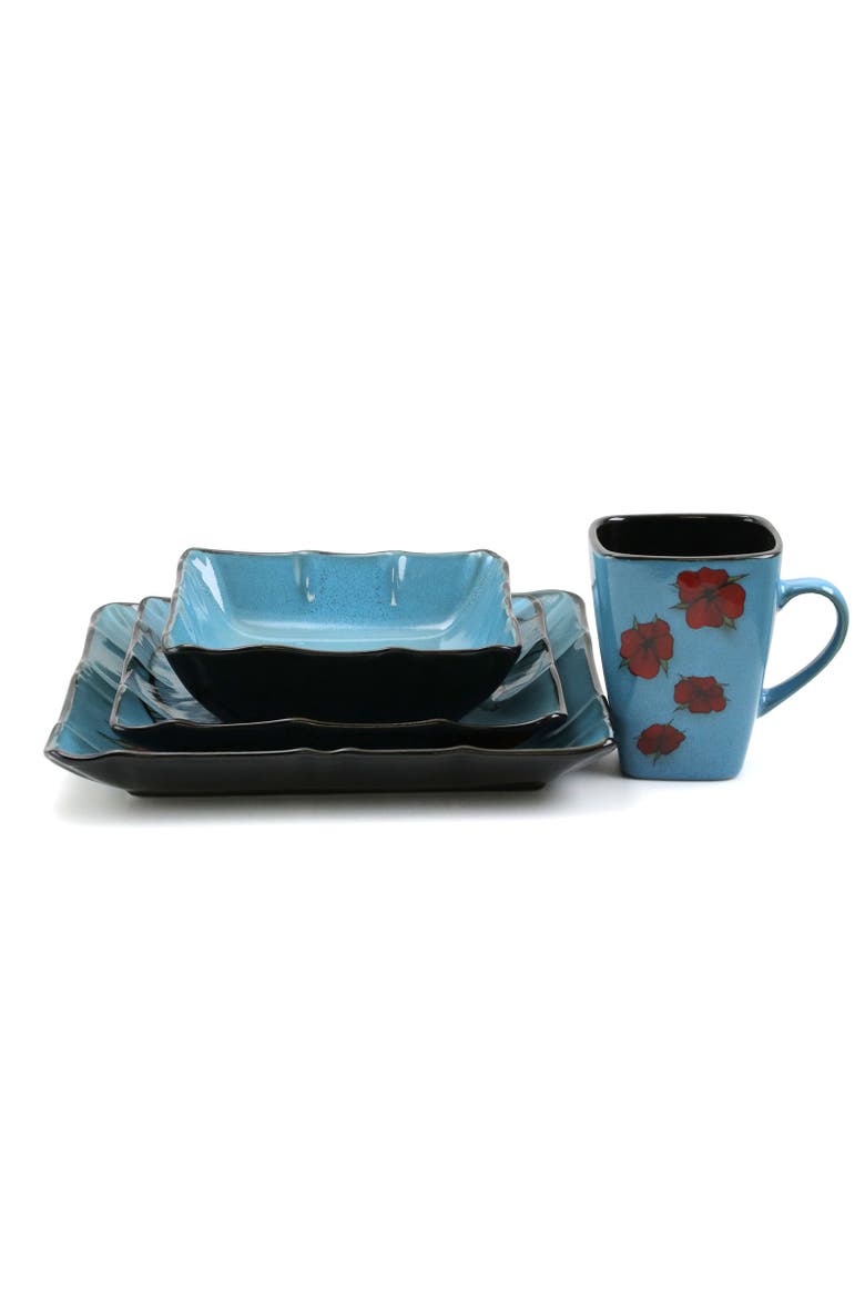 Aloha Tide 16 Piece Luxurious Stoneware Dinnerware with Complete Setting for 4, Alternate, color, Blue