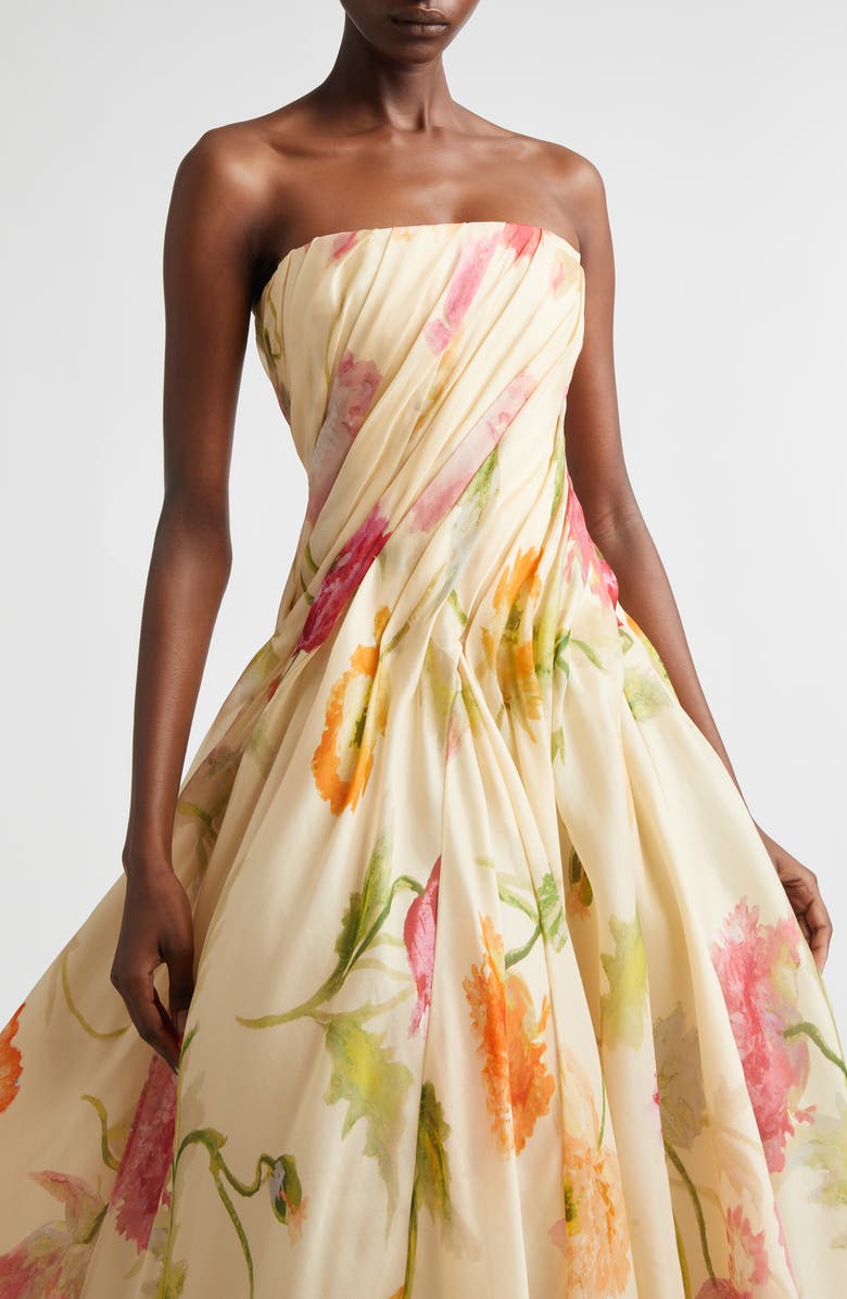 Carolina Herrera Floral Pleated Silk Strapless Gown, Alternate, color, Almond Multi