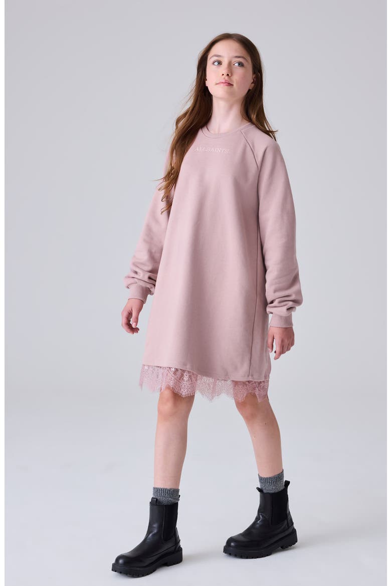 Kids' Lee Lace Trim Long Sleeve Sweatshirt Dress, Alternate, color, PINK
