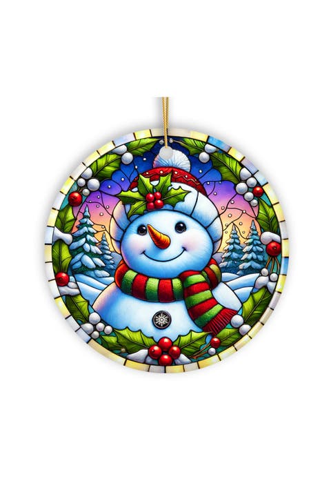 Holly Snowman Stained Glass Style Ornament - Version 3